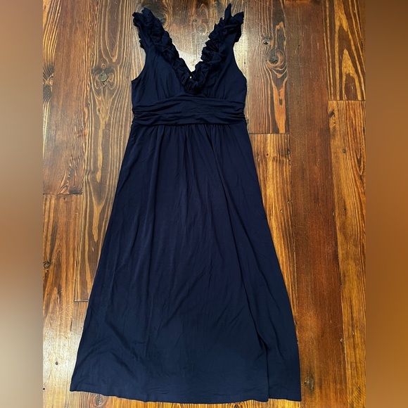 LILY PULITIZER Leena Midi True Navy Ruffle Neckline Dress - Picture 2 of 8